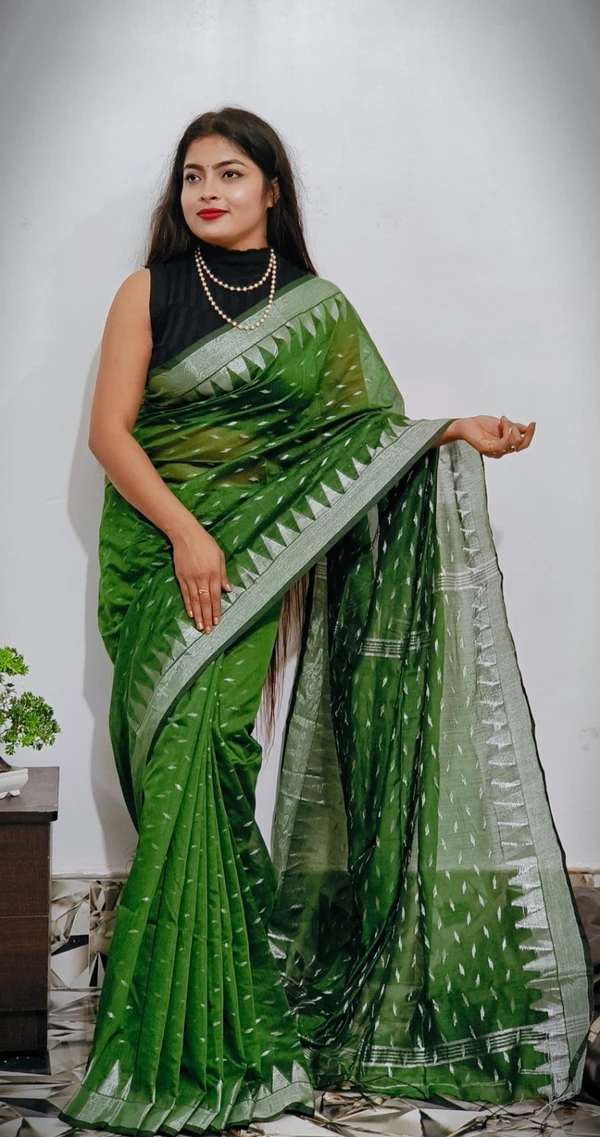 Handloom Temple Border Cotton Silk Saree - Free, Japanese Laurel