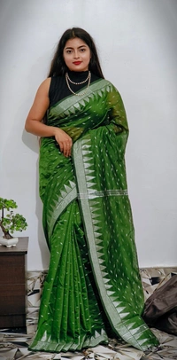 Handloom Temple Border Cotton Silk Saree - Free, Japanese Laurel