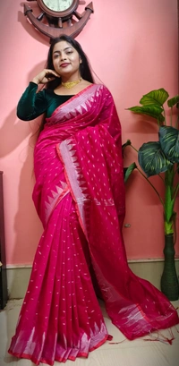 Handloom Temple Border Cotton Silk Saree - Free, Magenta / Fuchsia