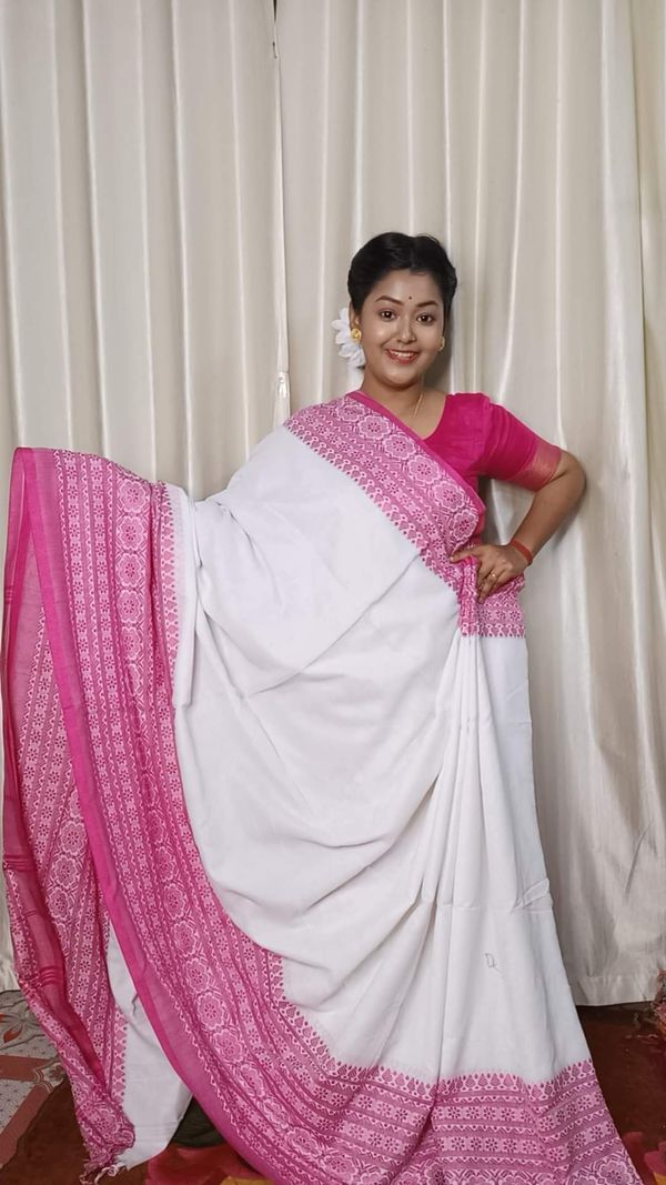 Handloom Begampuri Work Cotton Saree - White & Pink