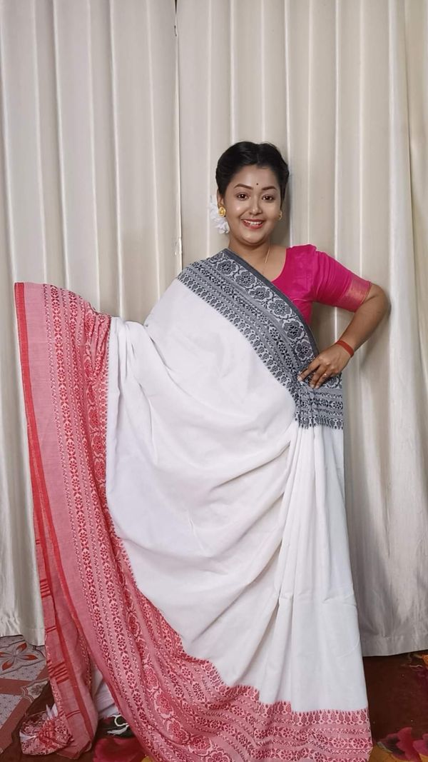 Handloom Begampuri Work Cotton Saree - White & Multi