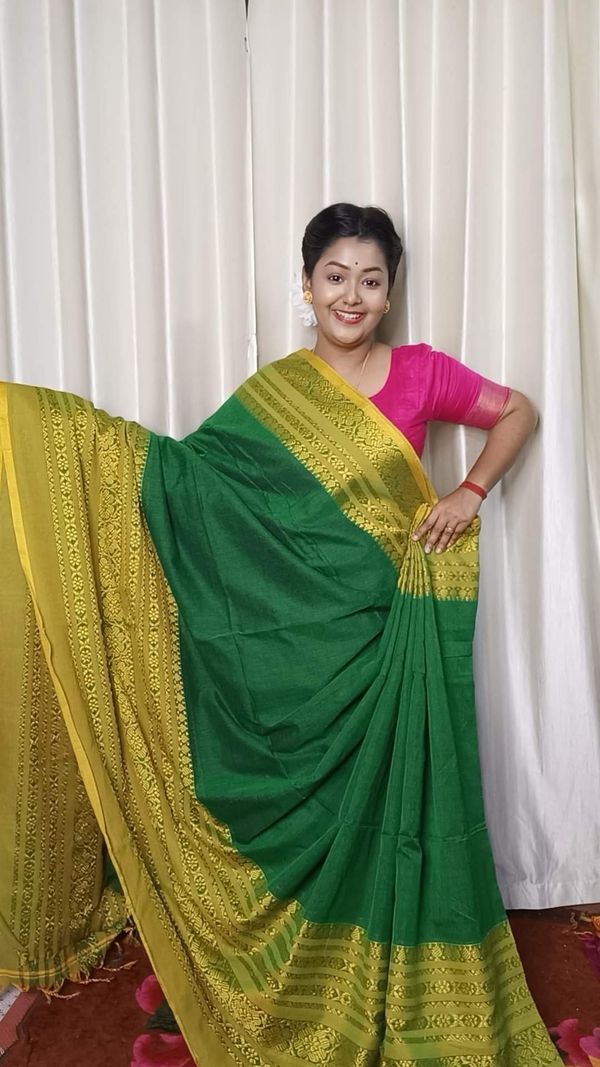 Handloom Begampuri Work Cotton Saree - Green & Yellow