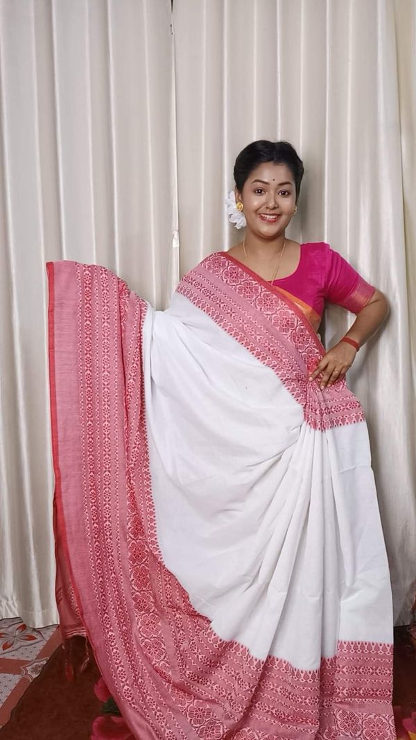 Handloom Begampuri Work Cotton Saree - White & Pink