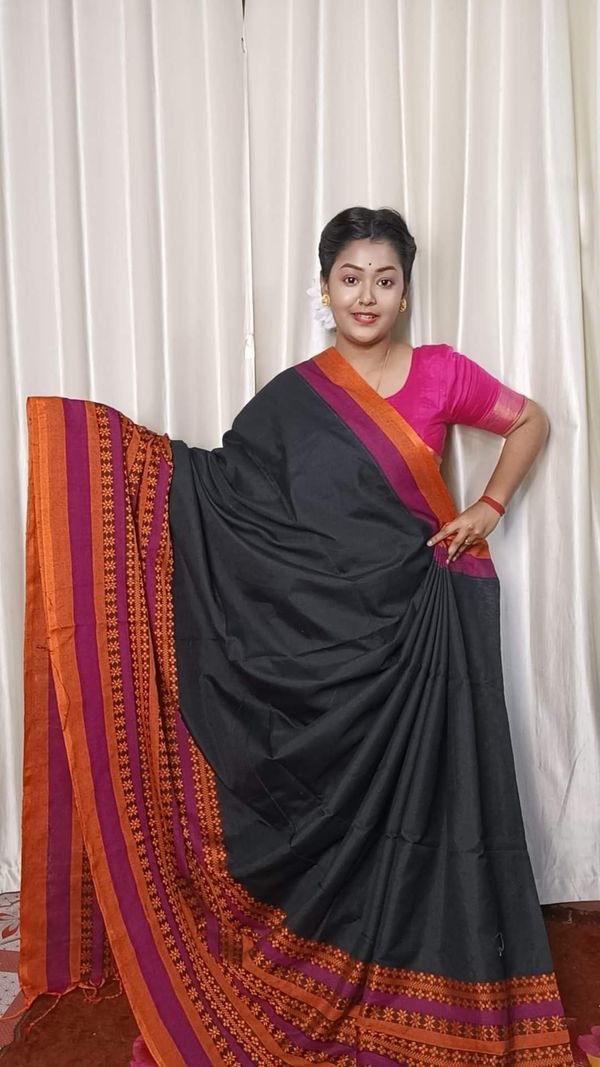 Handloom Begampuri Work Cotton Saree - Black & Multi