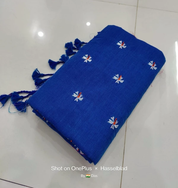 Handloom Floral Embroidered Cotton Saree - Blue, Cotton (CK)