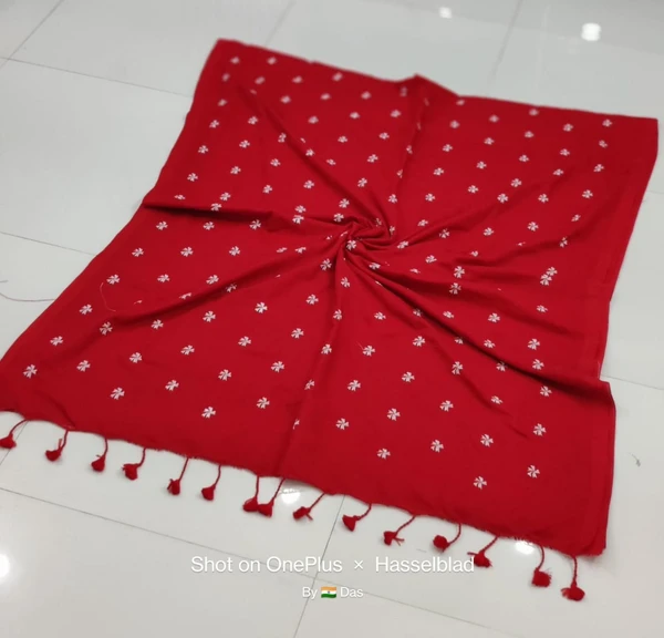 Handloom Floral Embroidered Cotton Saree - Red, Cotton (CK)