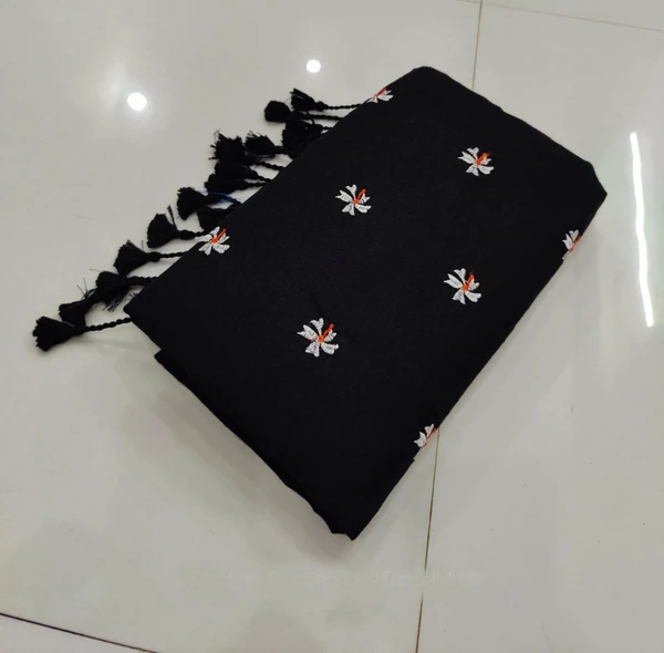 Handloom Floral Embroidered Cotton Saree - Black, Cotton (CK)
