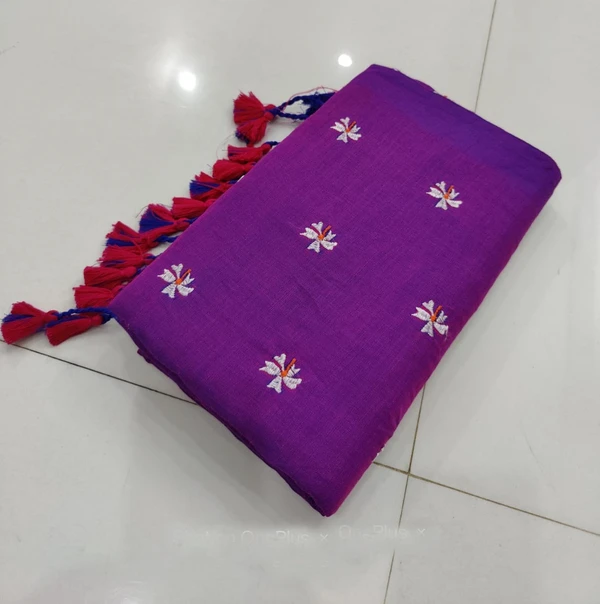 Handloom Floral Embroidered Cotton Saree - Magenta / Fuchsia, Cotton (CK)