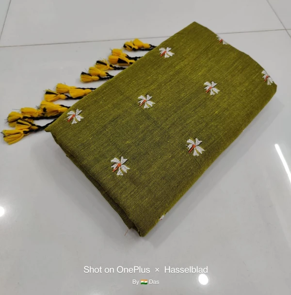 Handloom Floral Embroidered Cotton Saree - Olive, Cotton (CK)