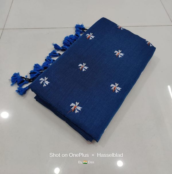 Handloom Floral Embroidered Cotton Saree - Steel Blue, Cotton (CK)