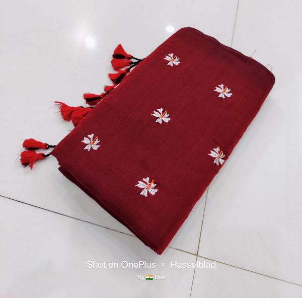 Handloom Floral Embroidered Cotton Saree - Mexican Red, Cotton (CK)
