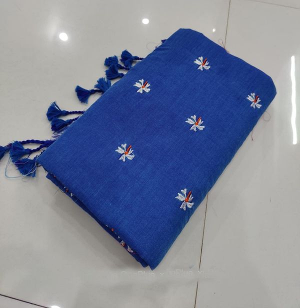 Handloom Floral Embroidered Cotton Saree - Blue, Cotton (CK)
