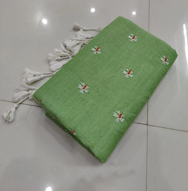 Handloom Floral Embroidered Cotton Saree - Forest Green