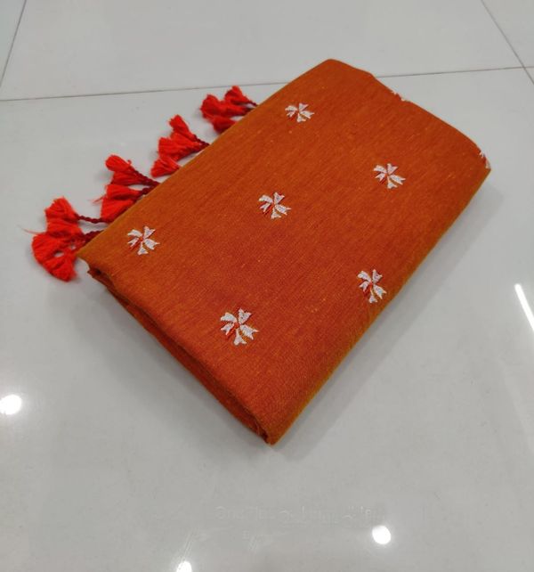 Handloom Floral Embroidered Cotton Saree - Web Orange, Cotton (CK)