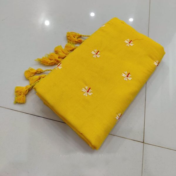 Handloom Floral Embroidered Cotton Saree - Yellow, Cotton (CK)