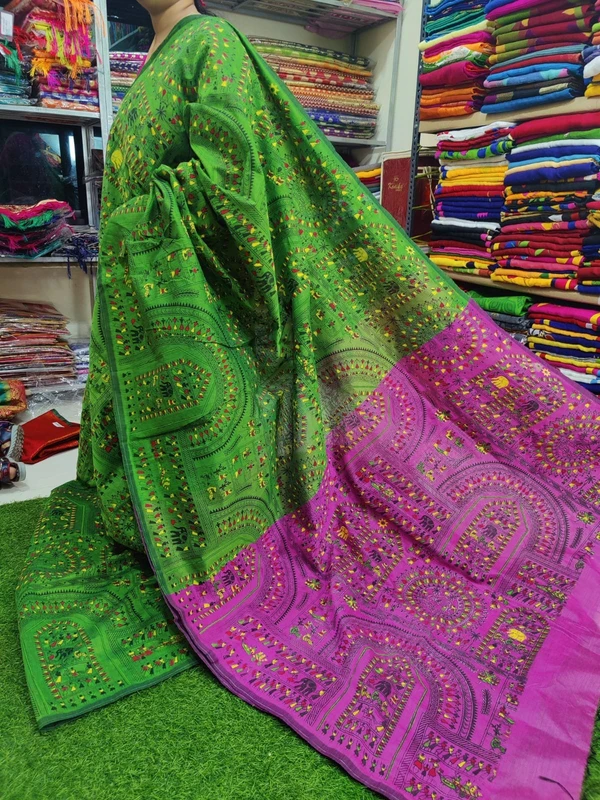 Handloom Madhubani Printed Saree - Green & Magenta, Cotton Silk, Screen Print