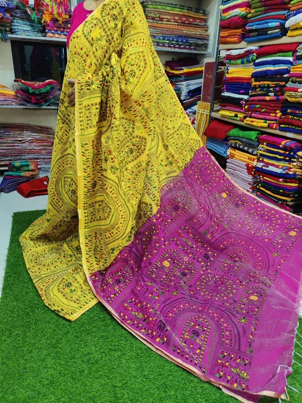 Handloom Madhubani Printed Saree - Gold & Magenta