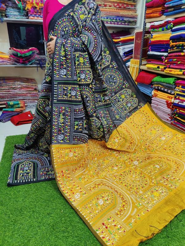 Handloom Madhubani Printed Saree - Gray & Yellow, Cotton Silk, Screen Print