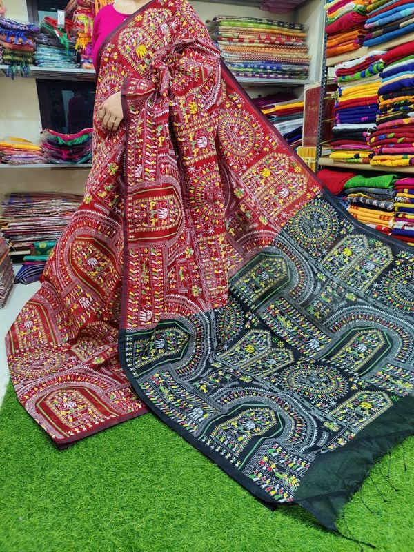 Handloom Madhubani Printed Saree - Red & Sea Green, Cotton Silk, Screen Print