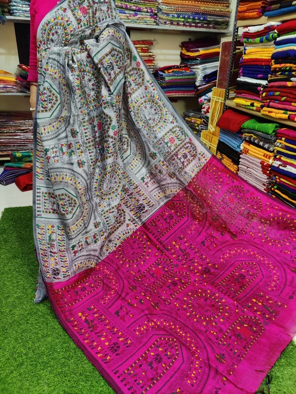 Handloom Madhubani Printed Saree - Gray & Magenta