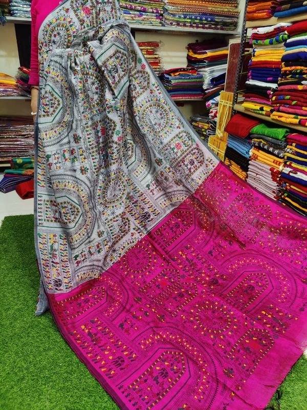 Handloom Madhubani Printed Saree - Gray & Magenta, Cotton Silk, Screen Print
