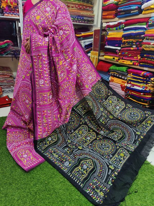 Handloom Madhubani Printed Saree - Magenta & Black, Cotton Silk, Screen Print