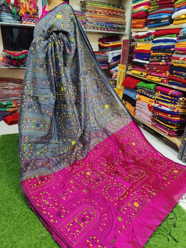 Handloom Madhubani Printed Saree - Gray & Purple, Cotton Silk, Screen Print