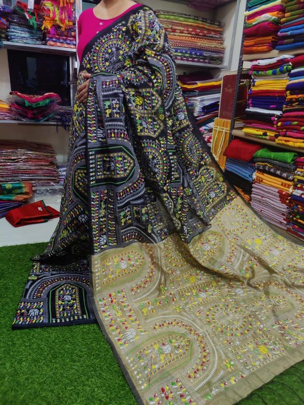 Handloom Madhubani Printed Saree - Black & Beige, Cotton Silk, Screen Print
