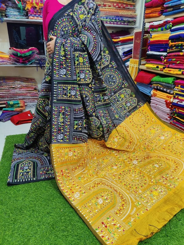 Handloom Madhubani Printed Saree - Black & Yellow