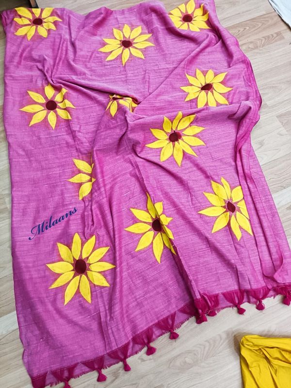 Hand Paint Floral Cotton Saree - Blush Pink, Mix Cotton, Screen Print, Screen Print