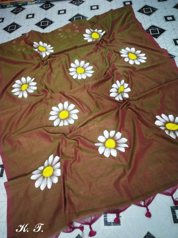 Hand Paint Floral Cotton Saree - Antique Bronze, Mix Cotton, Screen Print, Screen Print