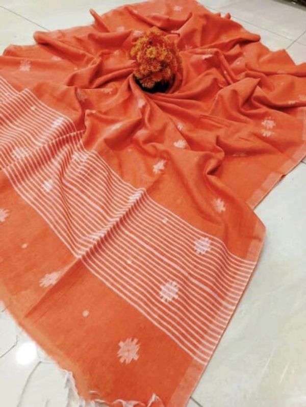 Handloom Floral Woven Buta Saree - Blaze Orange