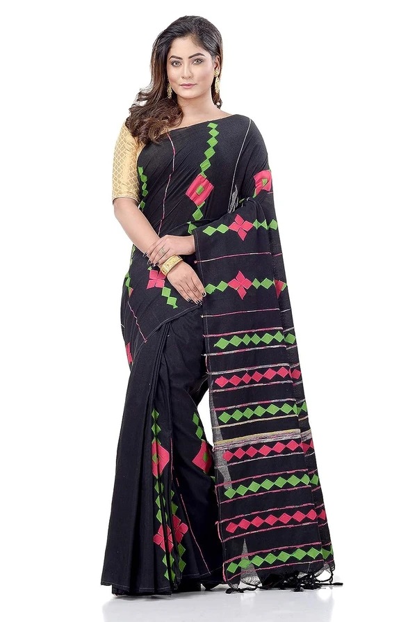 Handloom Cotton Aplique Saree - Black