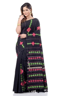 Handloom Cotton Aplique Saree - Black