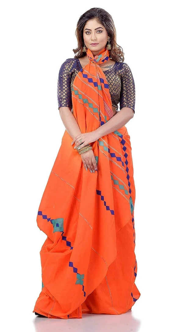 Handloom Cotton Aplique Saree - Web Orange