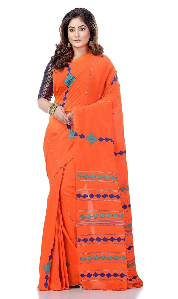 Handloom Cotton Aplique Saree - Orange