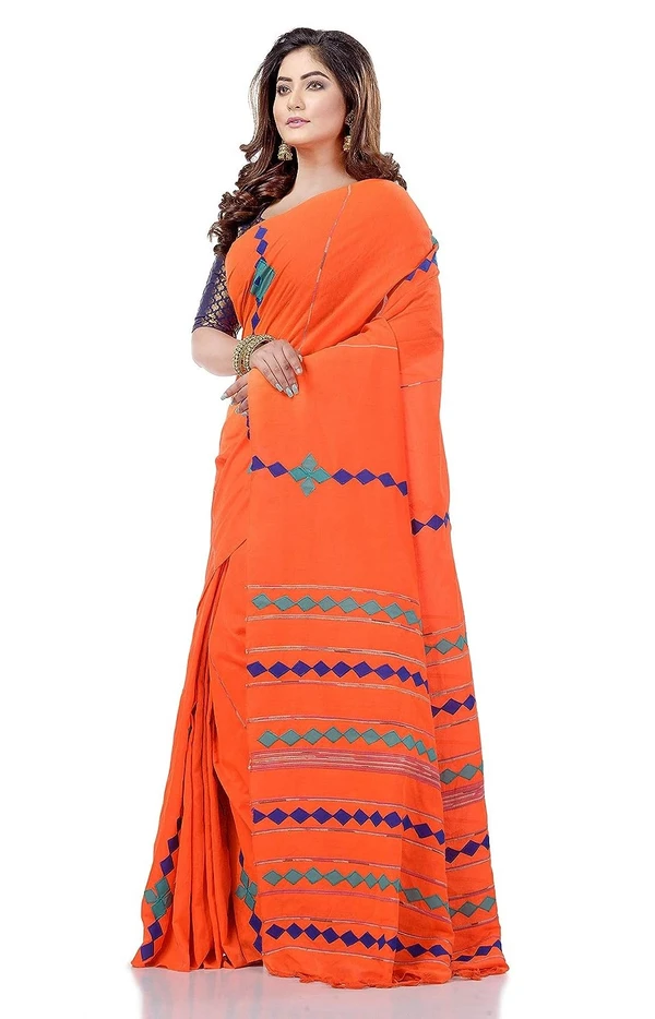 Handloom Cotton Aplique Saree - Web Orange