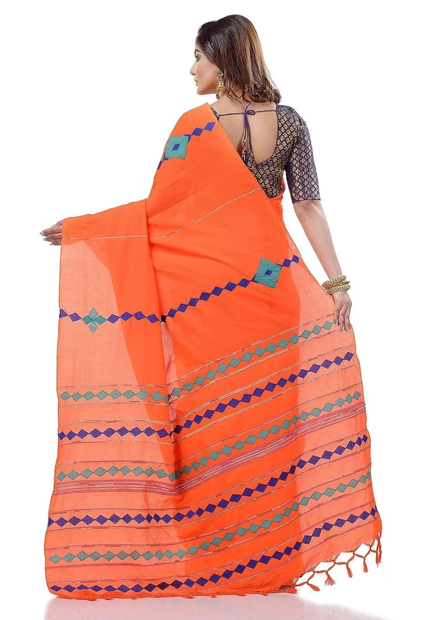 Handloom Cotton Aplique Saree - Web Orange