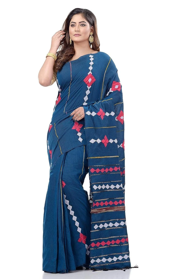 Handloom Cotton Aplique Saree - Navy Blue