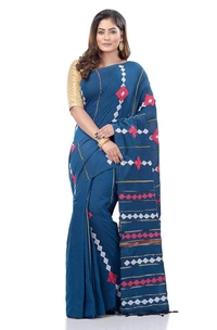 Handloom Cotton Aplique Saree - Navy Blue