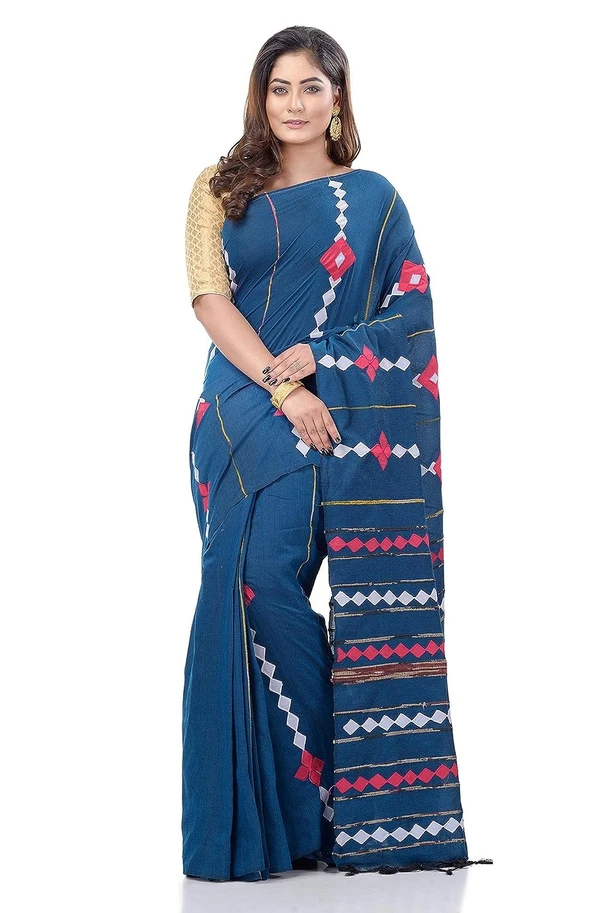 Handloom Cotton Aplique Saree - Navy Blue