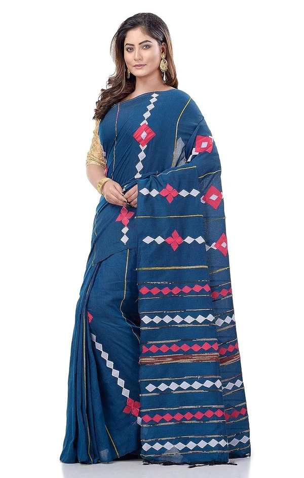 Handloom Cotton Aplique Saree - Navy Blue