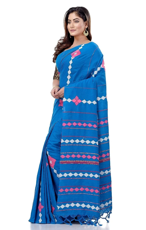 Handloom Cotton Aplique Saree - Cerulean