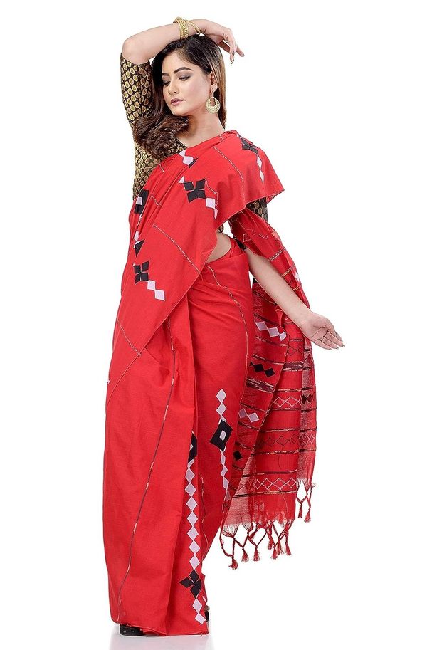 Handloom Cotton Aplique Saree - Red
