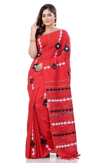 Handloom Cotton Aplique Saree - Red