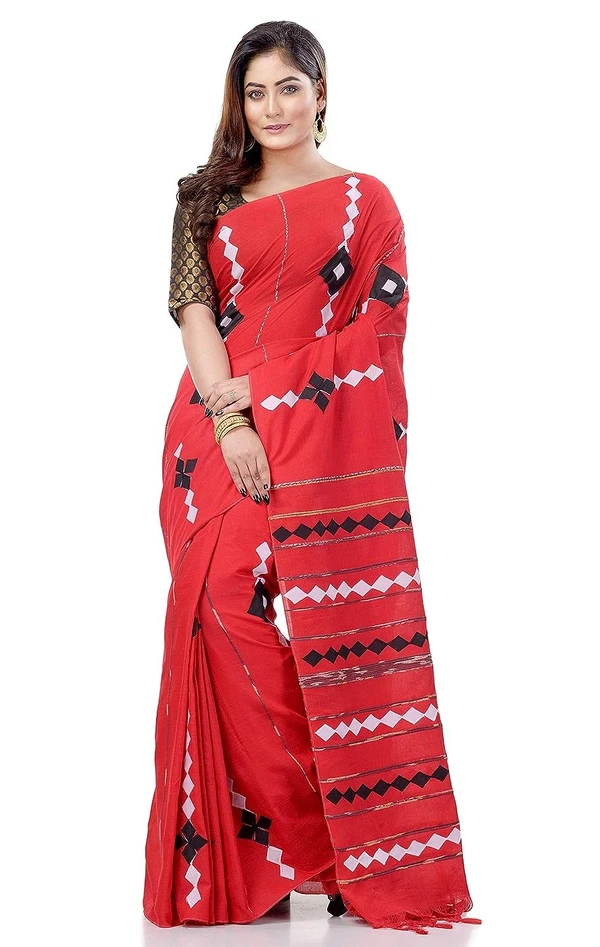 Handloom Cotton Aplique Saree - Red