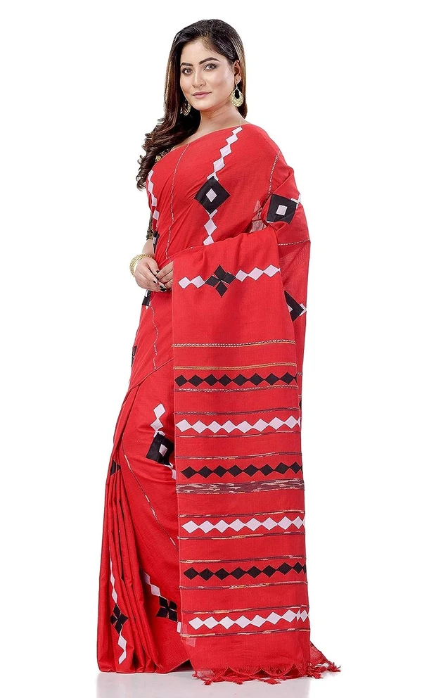 Handloom Cotton Aplique Saree - Red