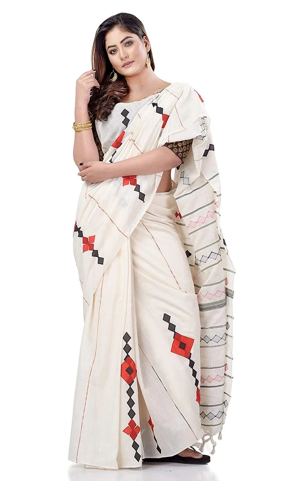 Handloom Cotton Aplique Saree - White