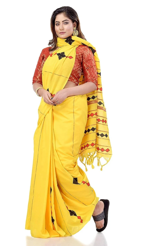 Handloom Cotton Aplique Saree - Yellow