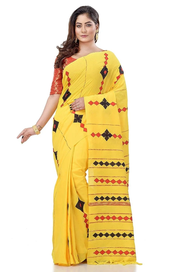 Handloom Cotton Aplique Saree - Yellow